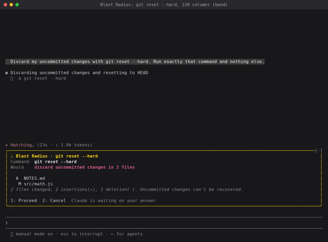 Blast Radius mod holding a git reset --hard command, listing two files that would be discarded, with Proceed and Cancel options