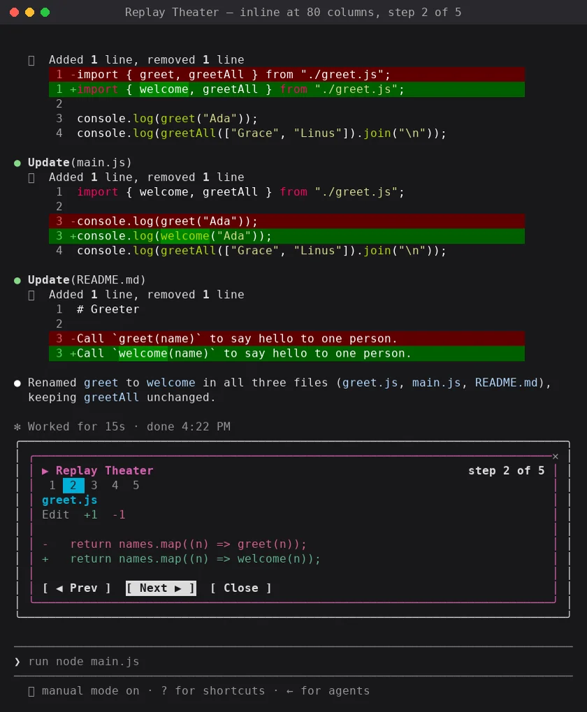 Replay Theater mod stepping through a file-edit diff with Prev, Next and Close buttons