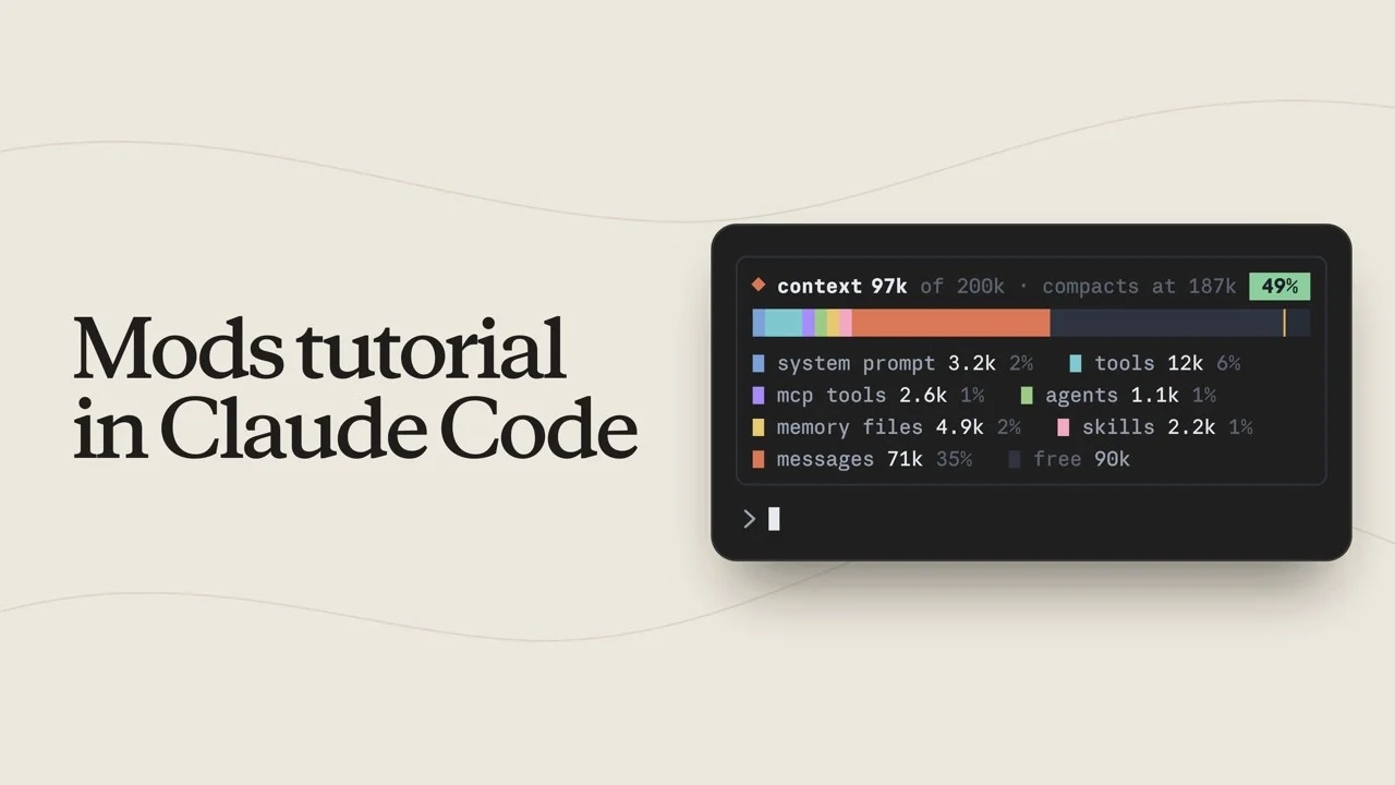 Video thumbnail: Mods tutorial in Claude Code, with a context-usage breakdown panel