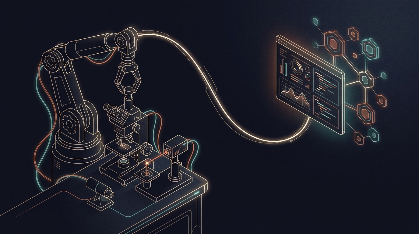 Isometric line illustration: a robotic arm adjusts a laboratory microscope and laser rig on a bench, connected by a glowing thread across the frame to a floating terminal window and a network of hexagonal protocol nodes — the physical lab wired into the software stack.